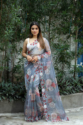 Floral Print flint Grey Color Organza Saree